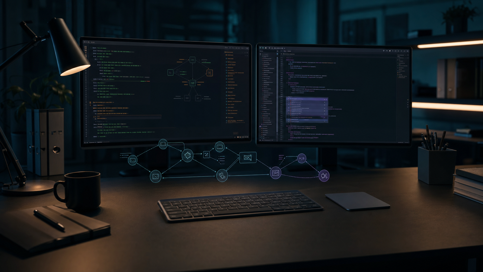 A dim engineering workspace at night with terminal output and a code editor showing inline AI suggestions